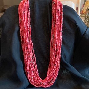 Coral bead/seeded necklace with tiny silver beads 20”